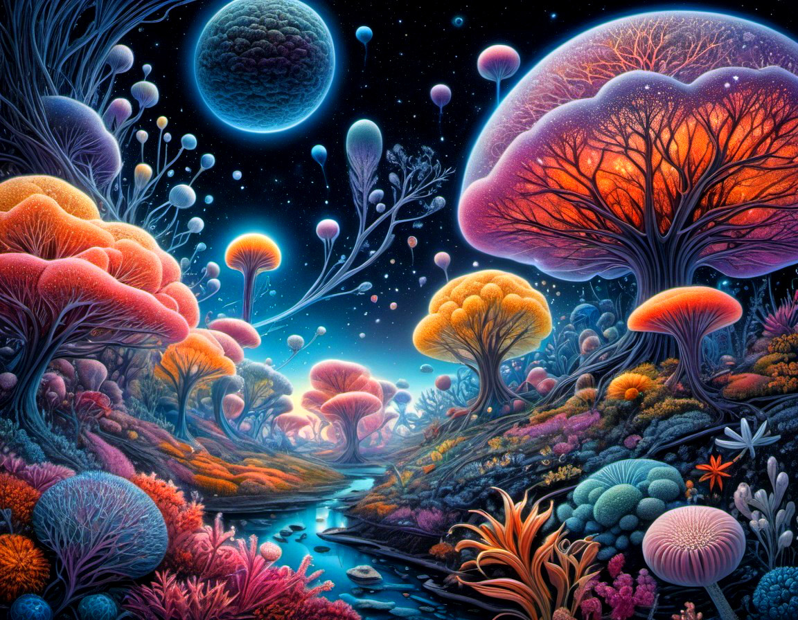 Colorful alien landscape with mushroom trees, river, and moonlit sky.