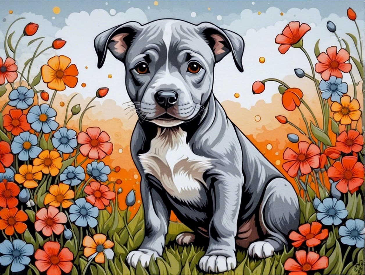 Gray Puppy in Colorful Flower Field with Soft Sky