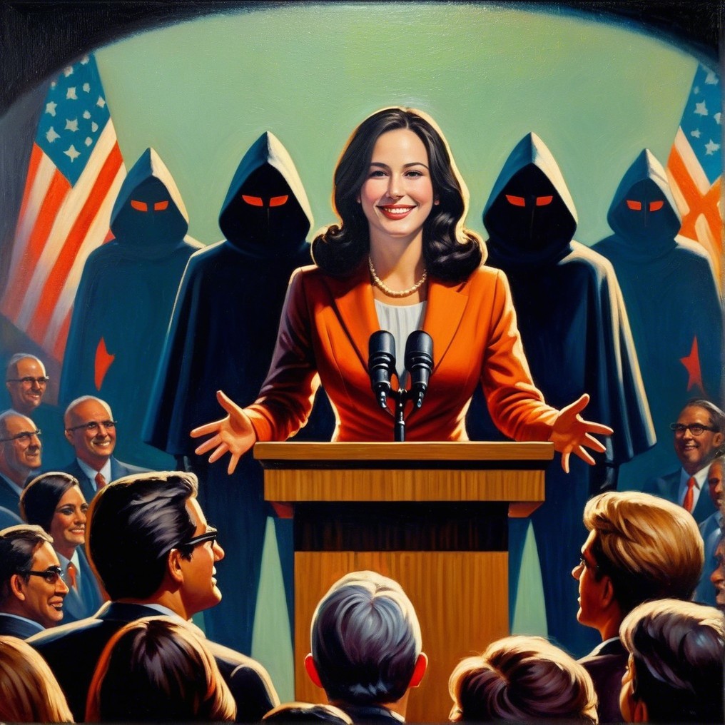 Confident Speaker in Orange Suit at Political Rally