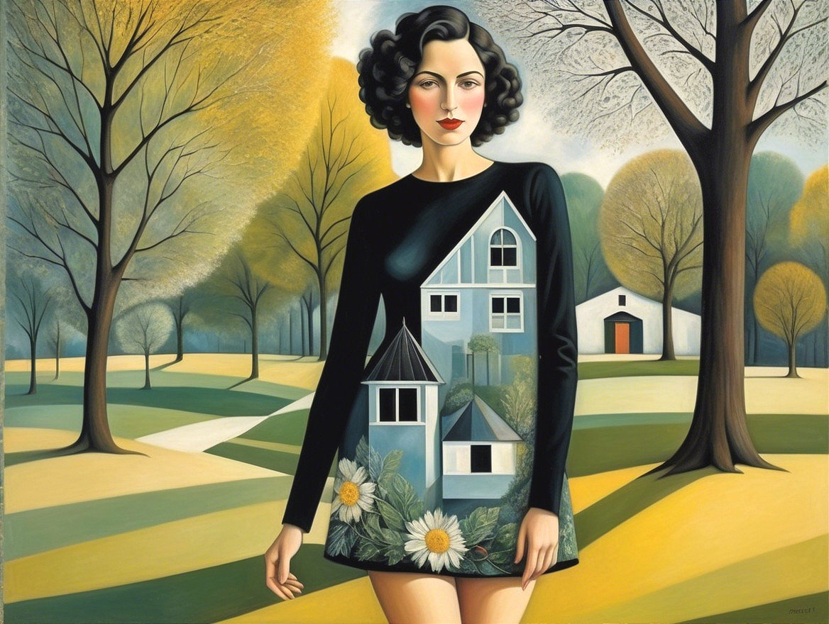 Woman in Black Dress Amidst Serene Countryside Landscape