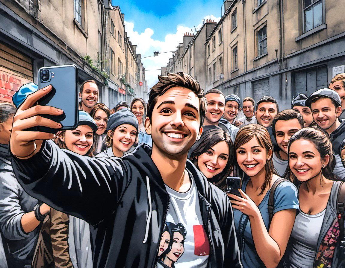 Vibrant Urban Scene of Young People Posing for Selfie