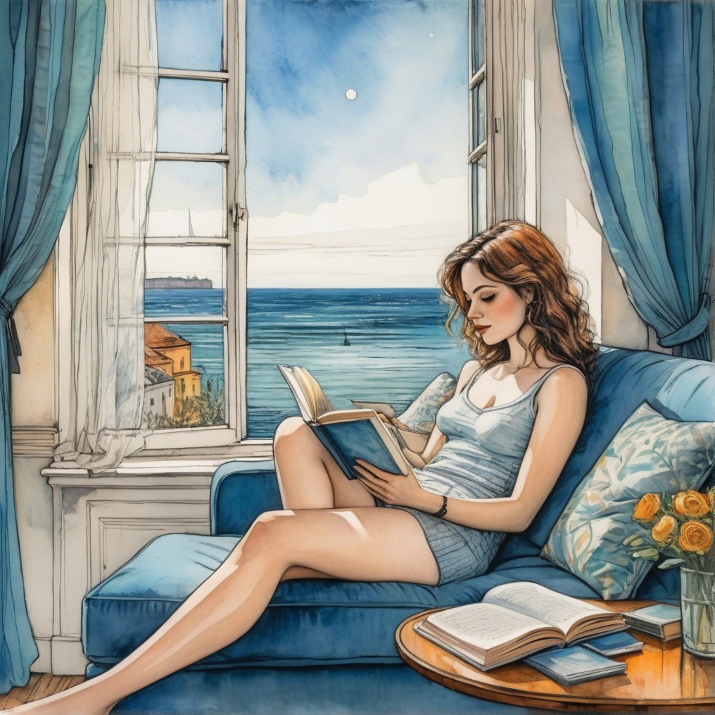 Woman Reading on Blue Couch by Ocean View Window