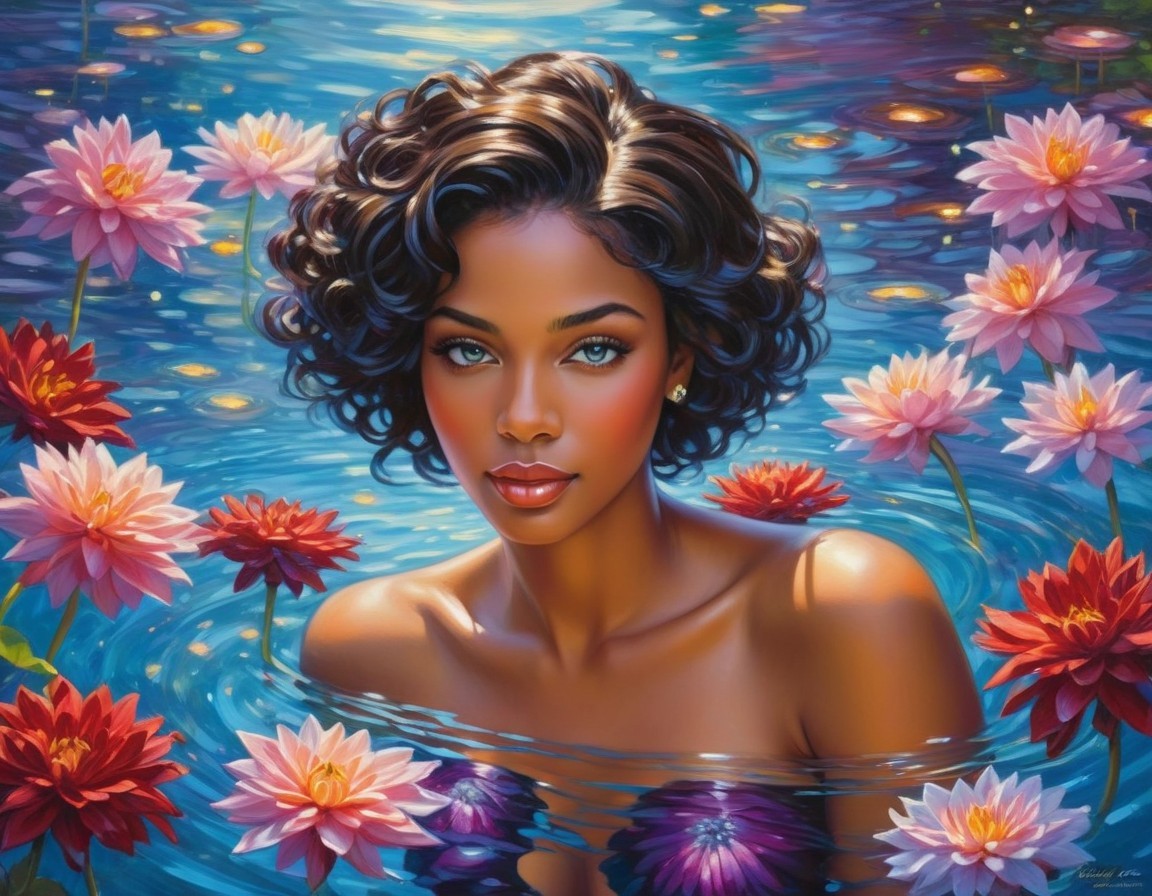 Woman with Curly Black Hair in Serene Pond Scene