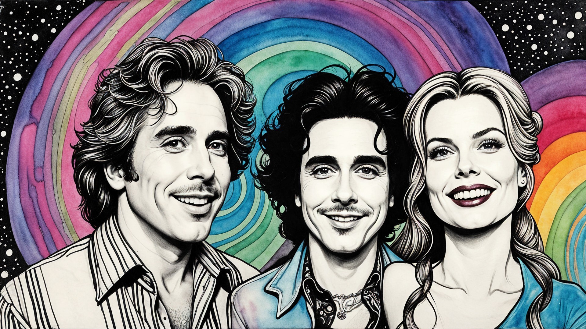 Stylized Individuals Against Colorful Rainbow Background