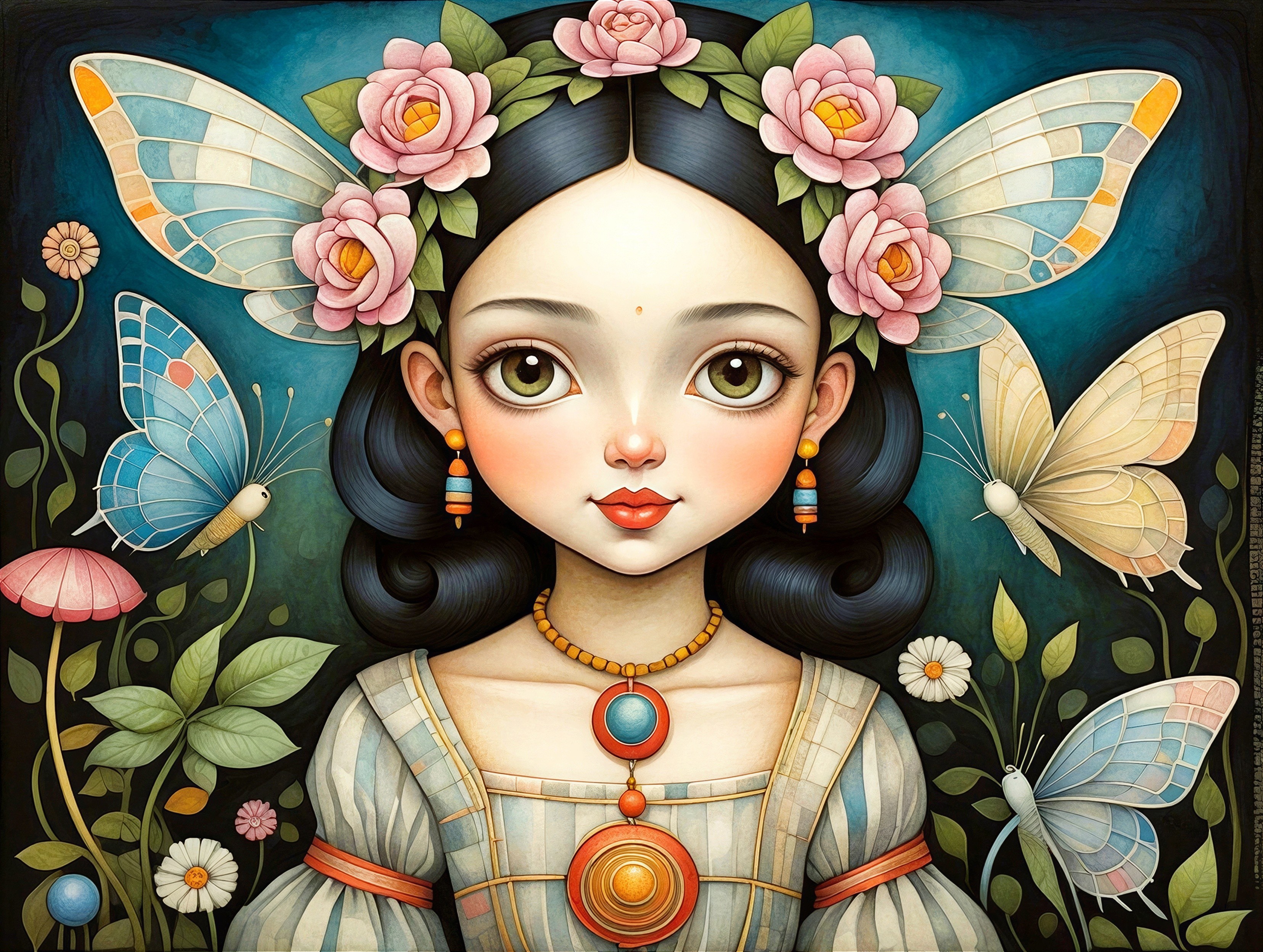 Whimsical Portrait of a Girl with Floral Crown and Butterflies