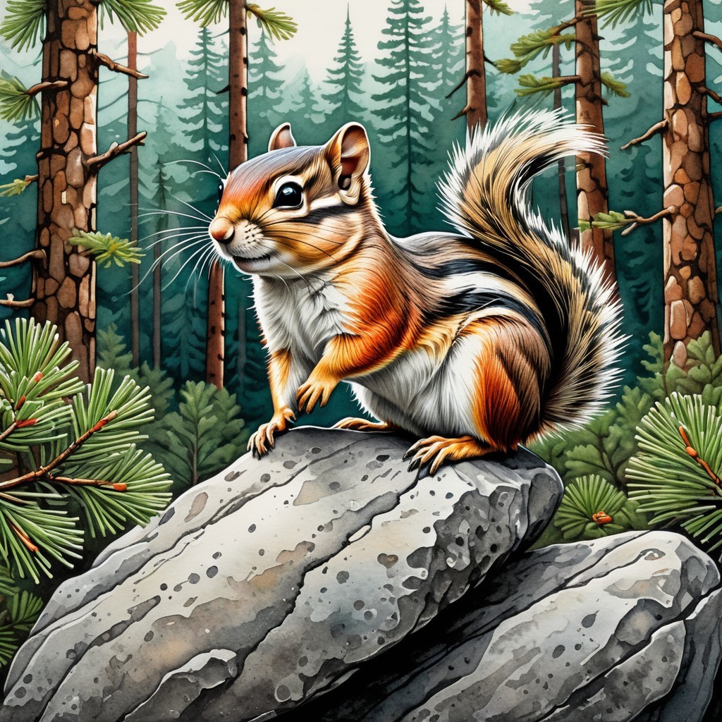 Chipmunk on Rock in Lush Forest Setting