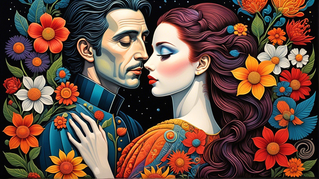 Romantic Embrace Amidst Colorful Floral Background