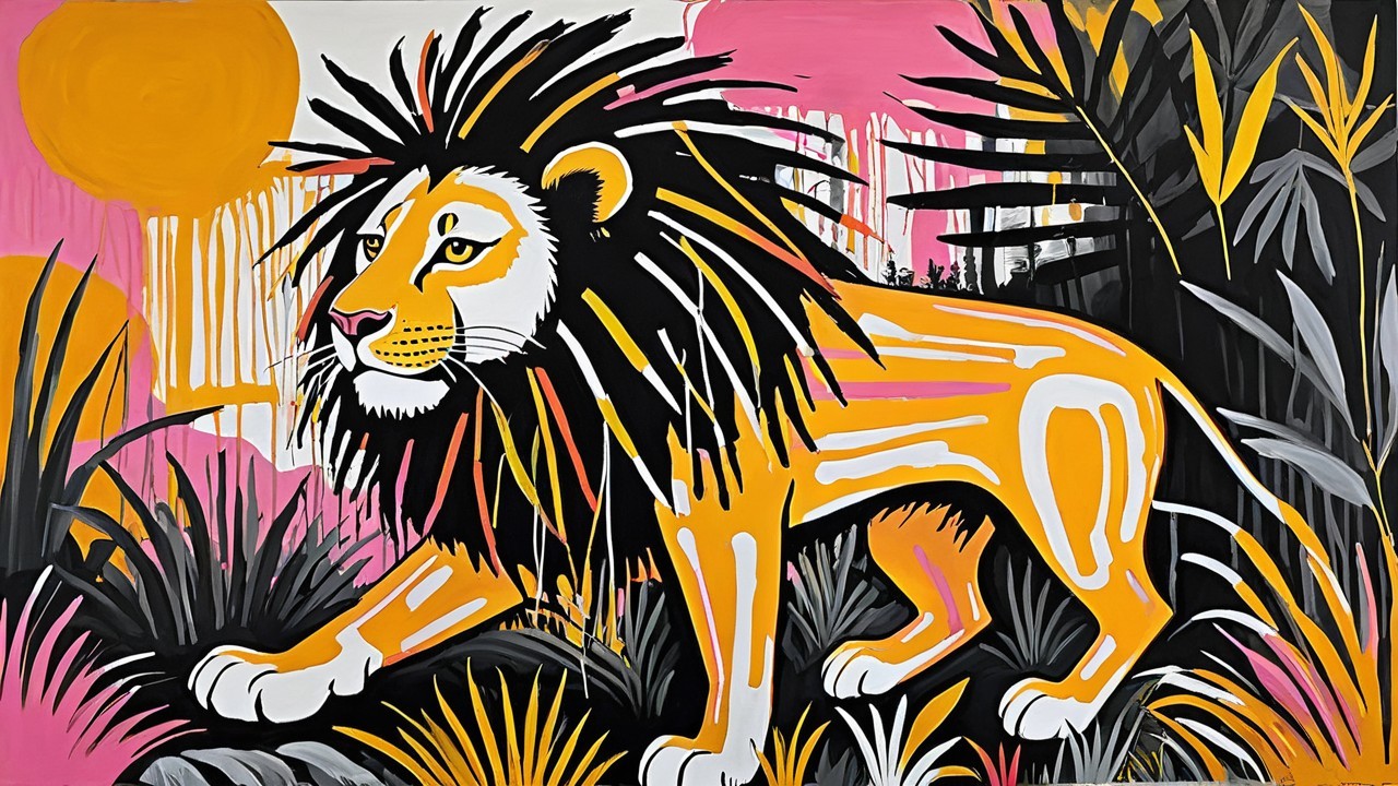 Vibrant Lion Painting in Colorful Jungle Setting