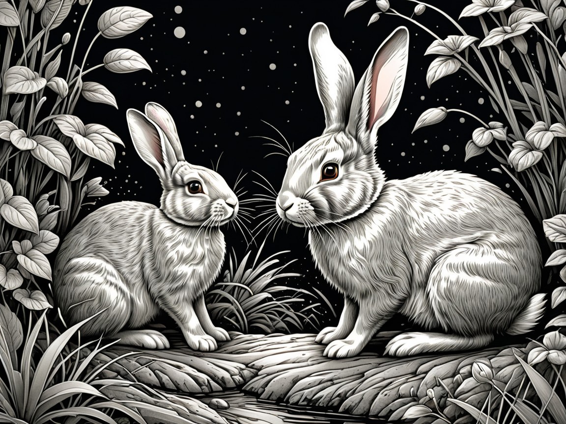 Rabbits in a Moonlit Forest Surrounded by Foliage