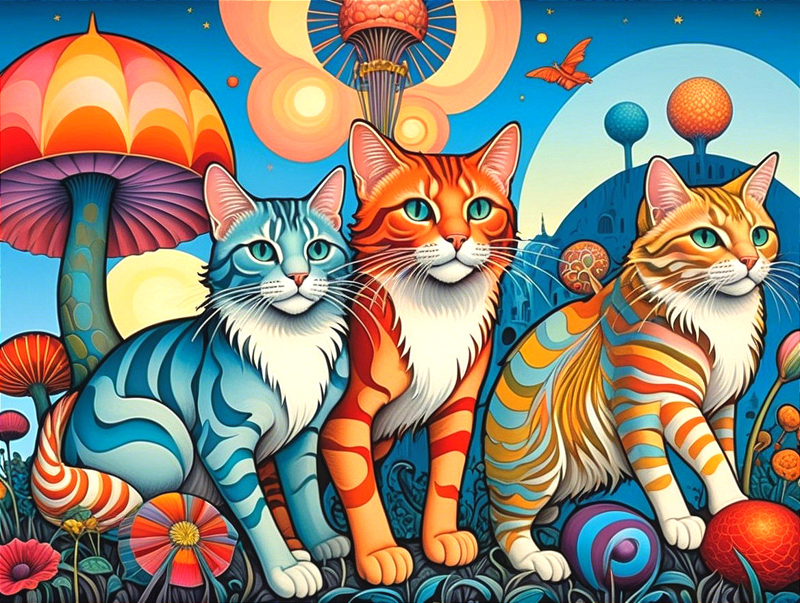 Vivid Cats in a Surreal Landscape with Colorful Mushrooms
