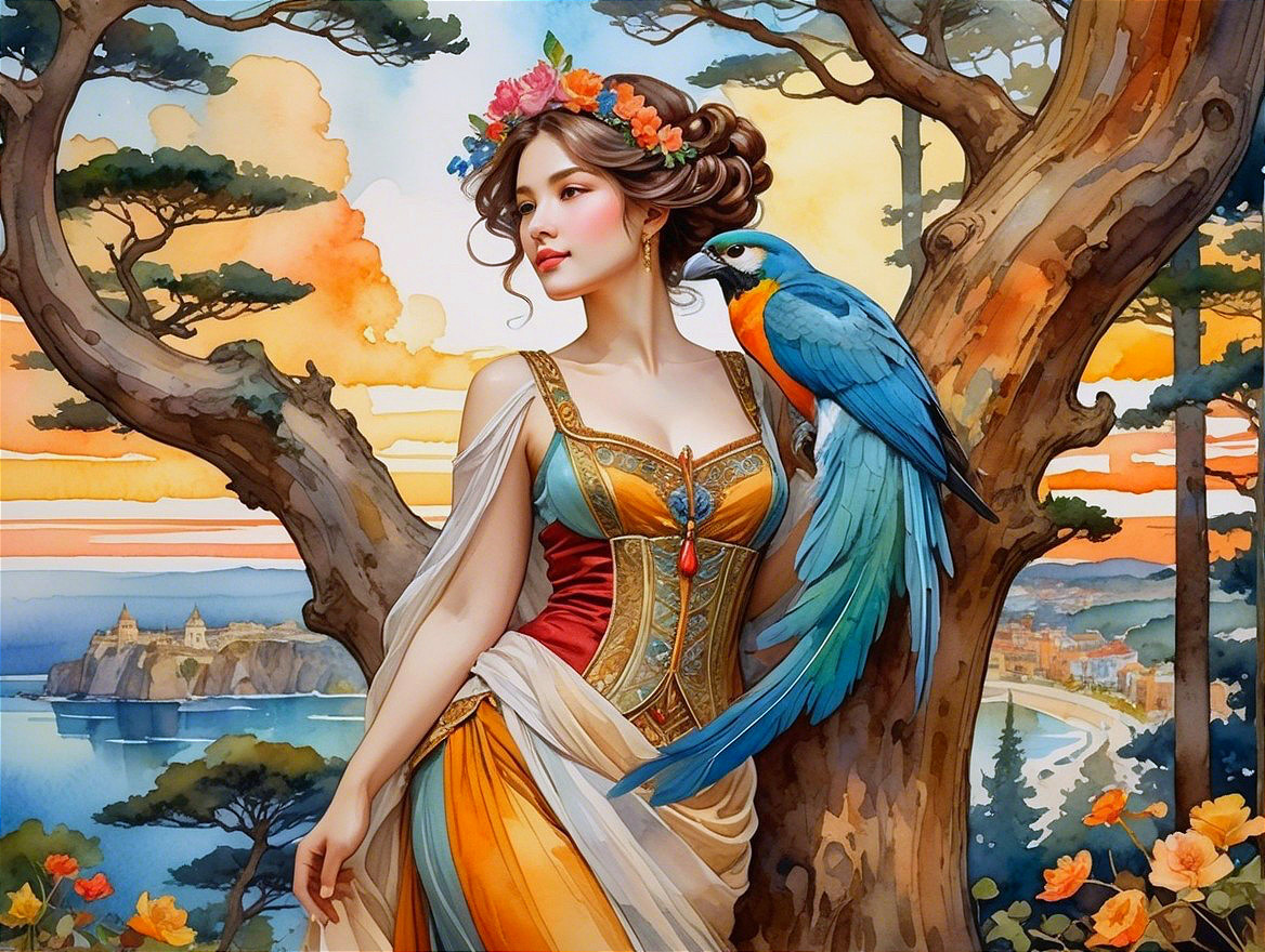 Woman in Flowing Gown by Majestic Tree at Sunset