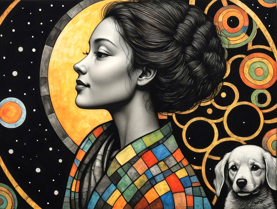 Graceful Woman in Traditional Attire with Playful Dog
