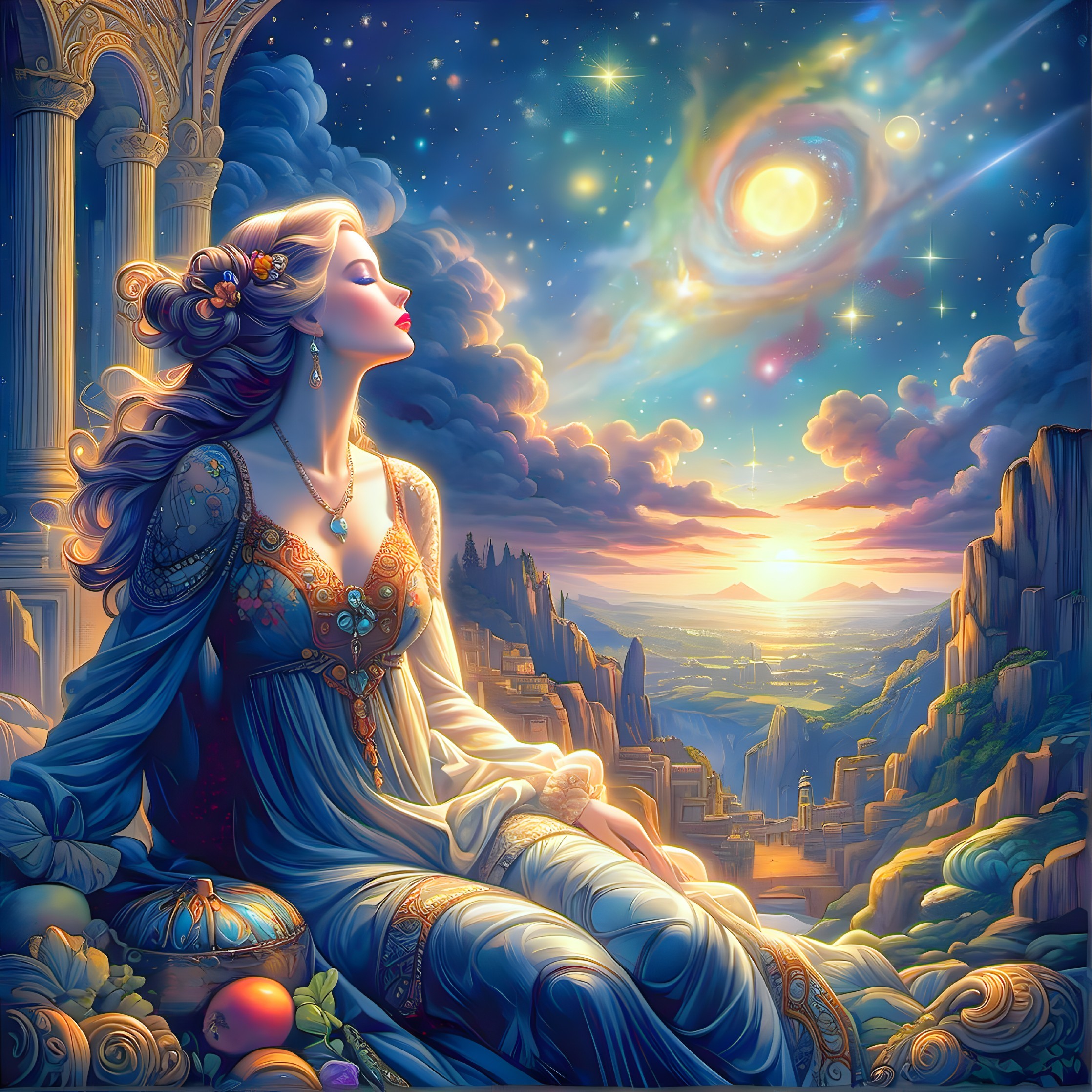 Serene Woman in Elegant Gown Against Cosmic Backdrop