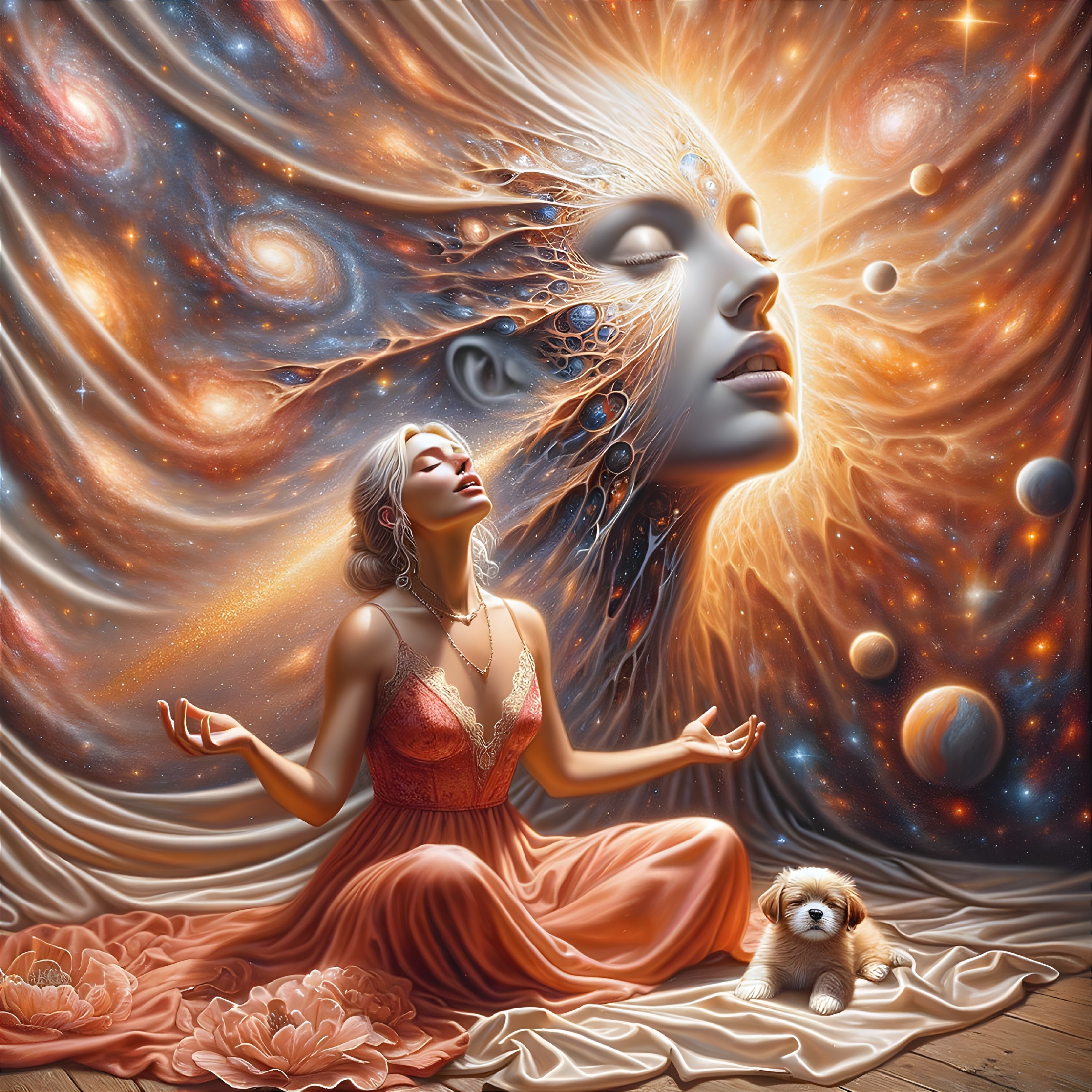 Woman meditates with cosmic background, serene face in stars, small dog nearby