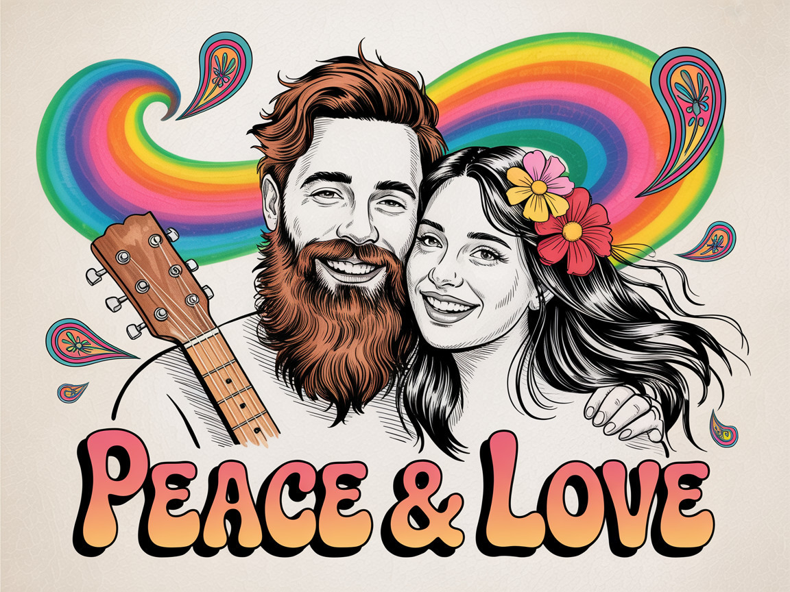 Joyful couple with guitar and colorful backdrop