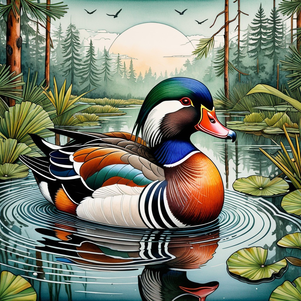 Vibrant Duck on Serene Pond Surrounded by Nature