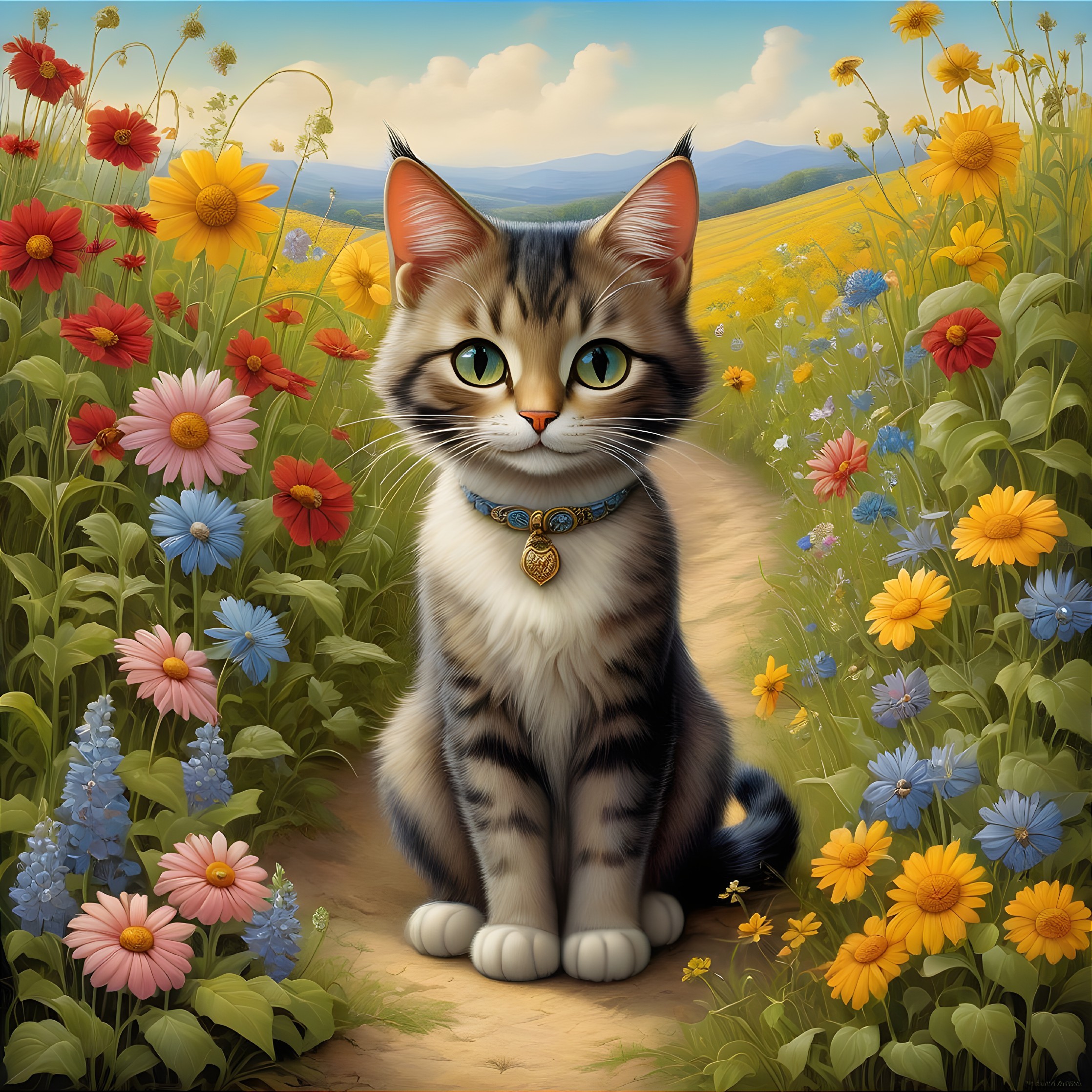 Realistic tabby cat illustration with blue necklace in vibrant wildflower scene