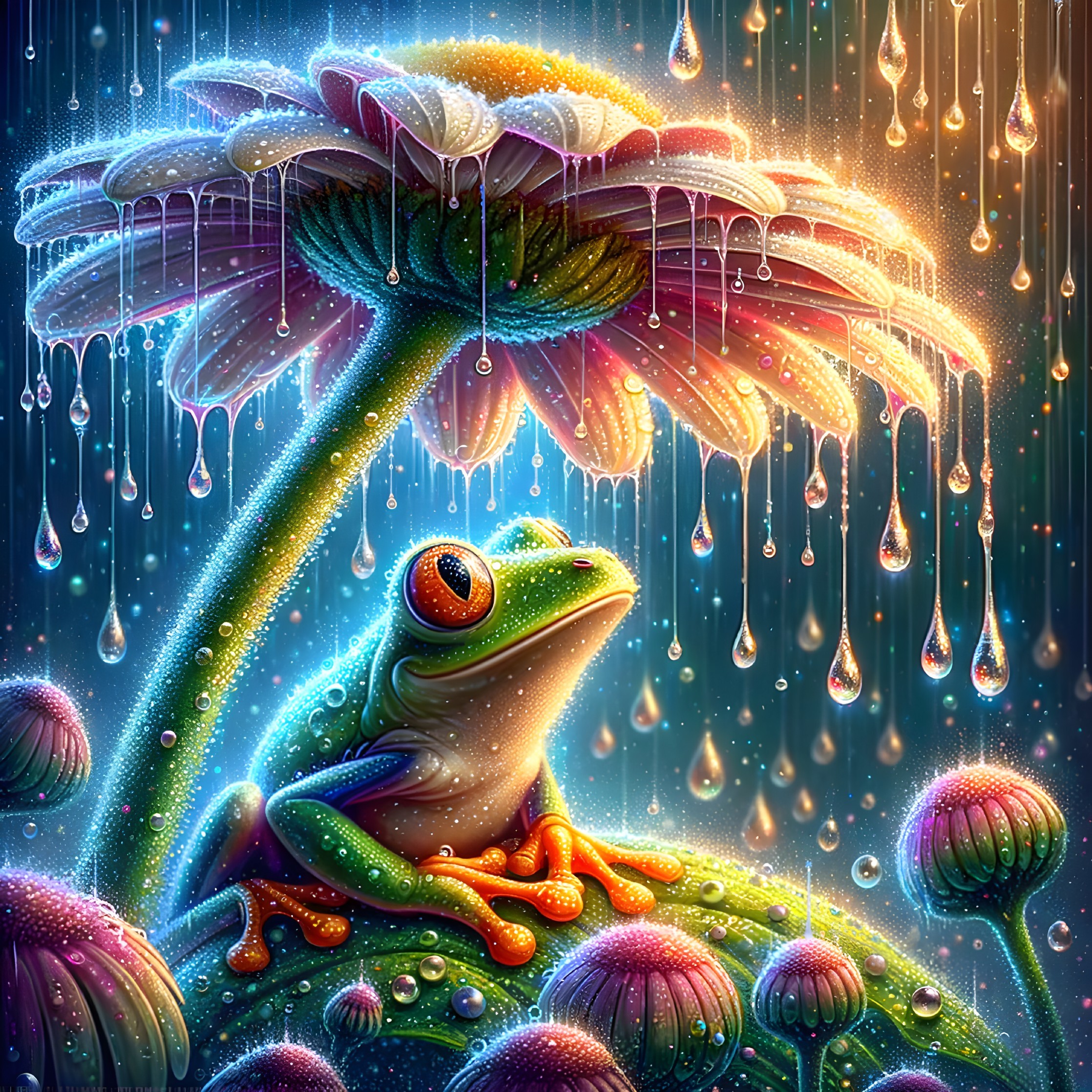 Colorful Frog Sheltered by Large Flower in Magical Rain Glow