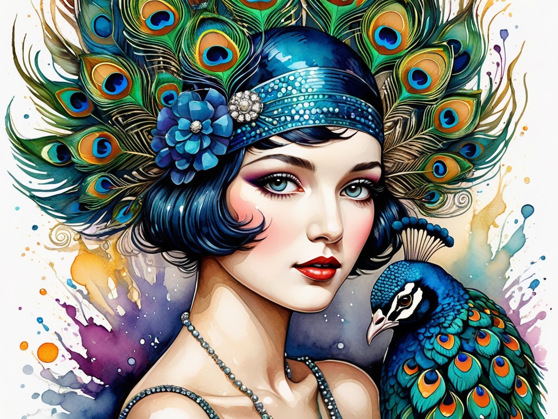 Glamorous Woman with Peacock Feather Headdress and Artistry