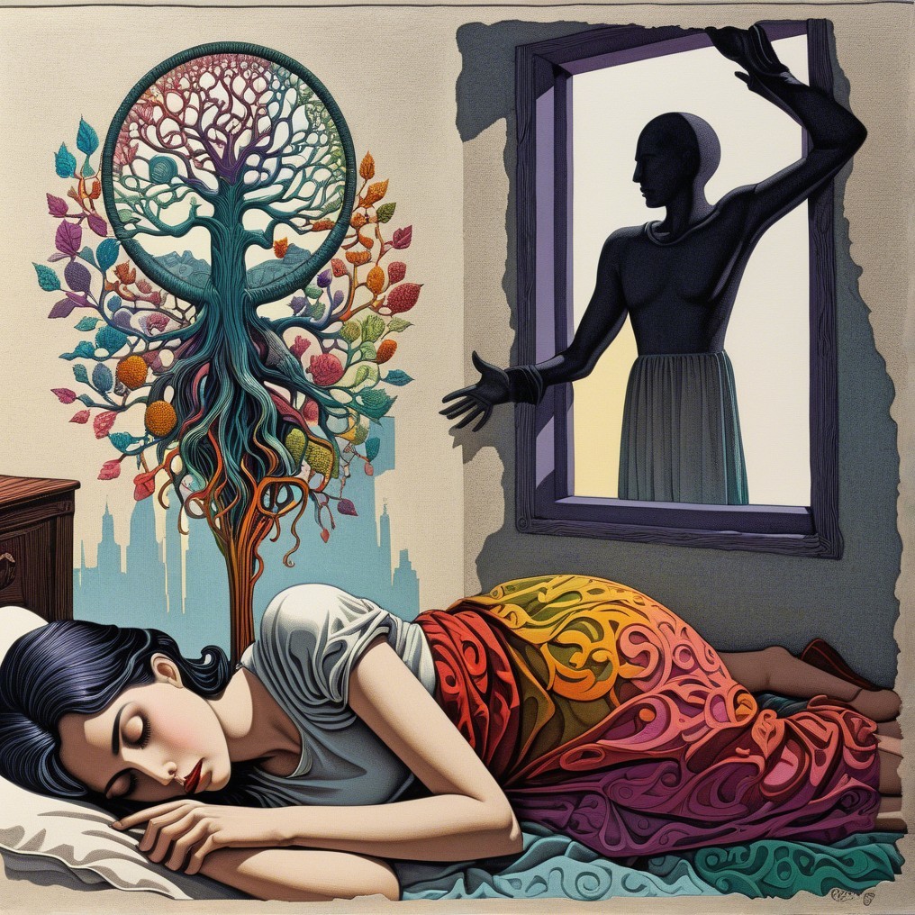 Woman Sleeping with Colorful Blanket and Tree Background