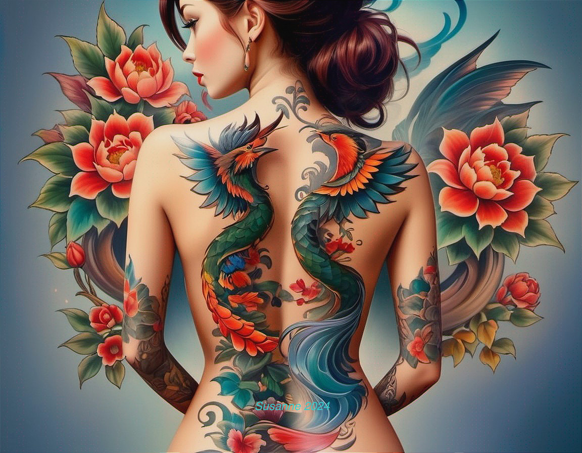 Digital Illustration of Woman with Colorful Tattoos