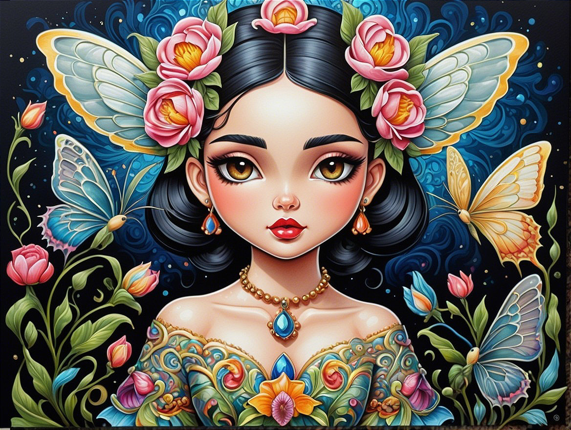 Stylized girl with butterfly wings and floral dress