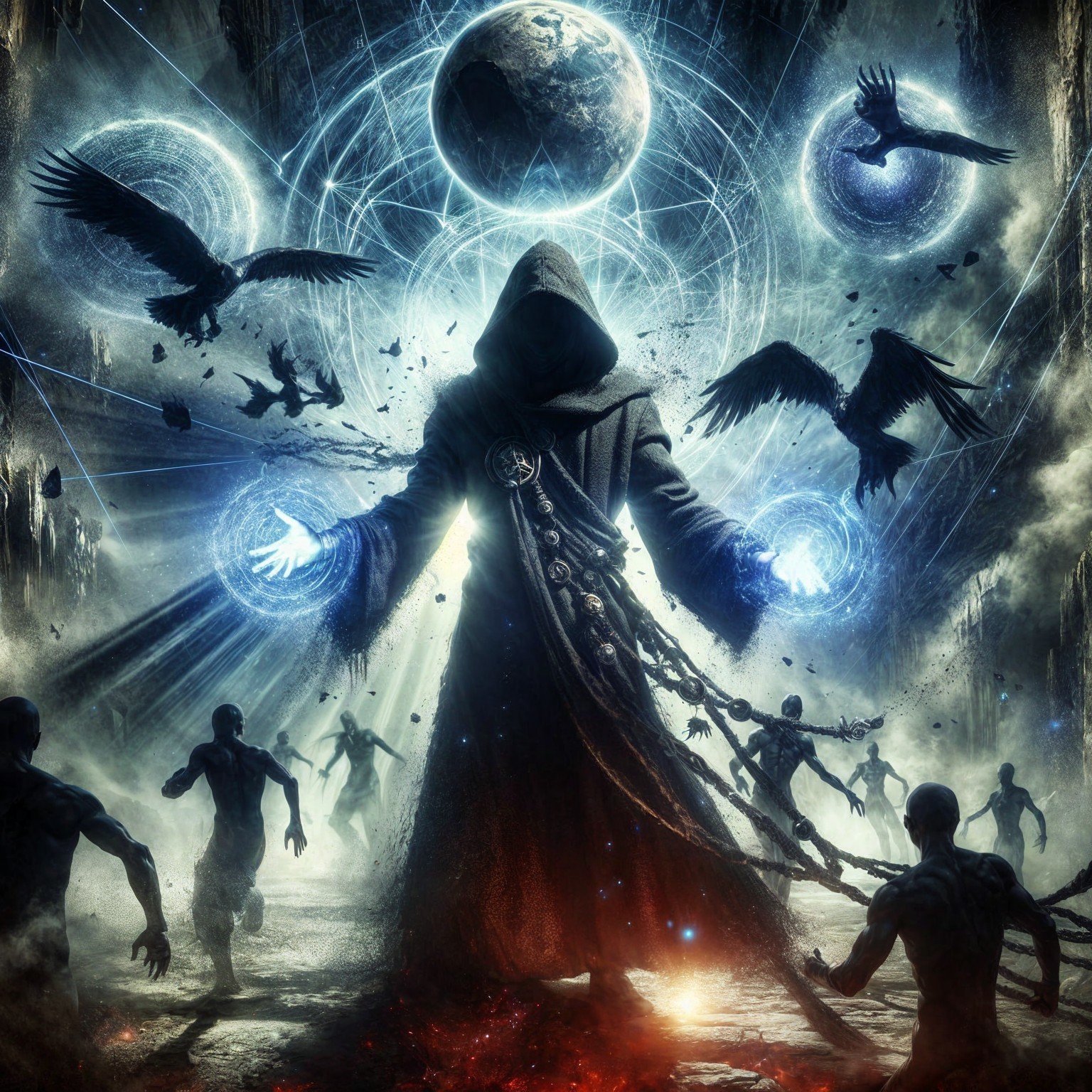 Cloaked Figure in Cosmic Scene with Energy Orbs