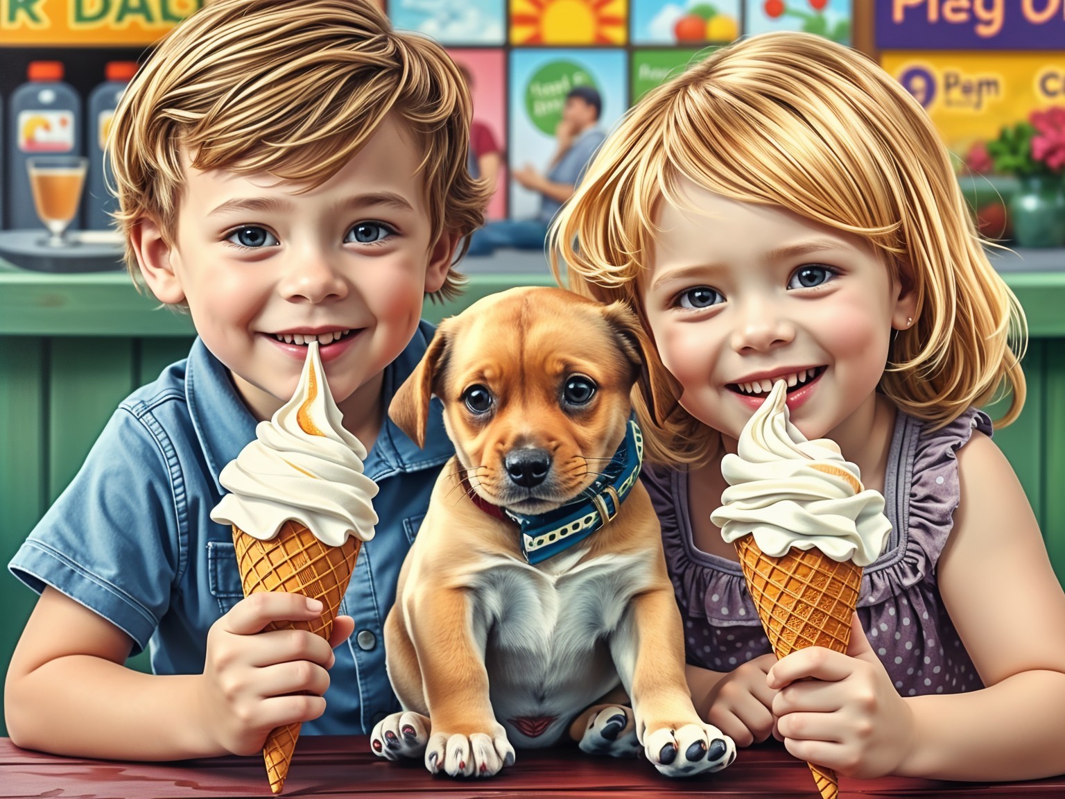 Children Enjoying Ice Cream with a Puppy in Shop