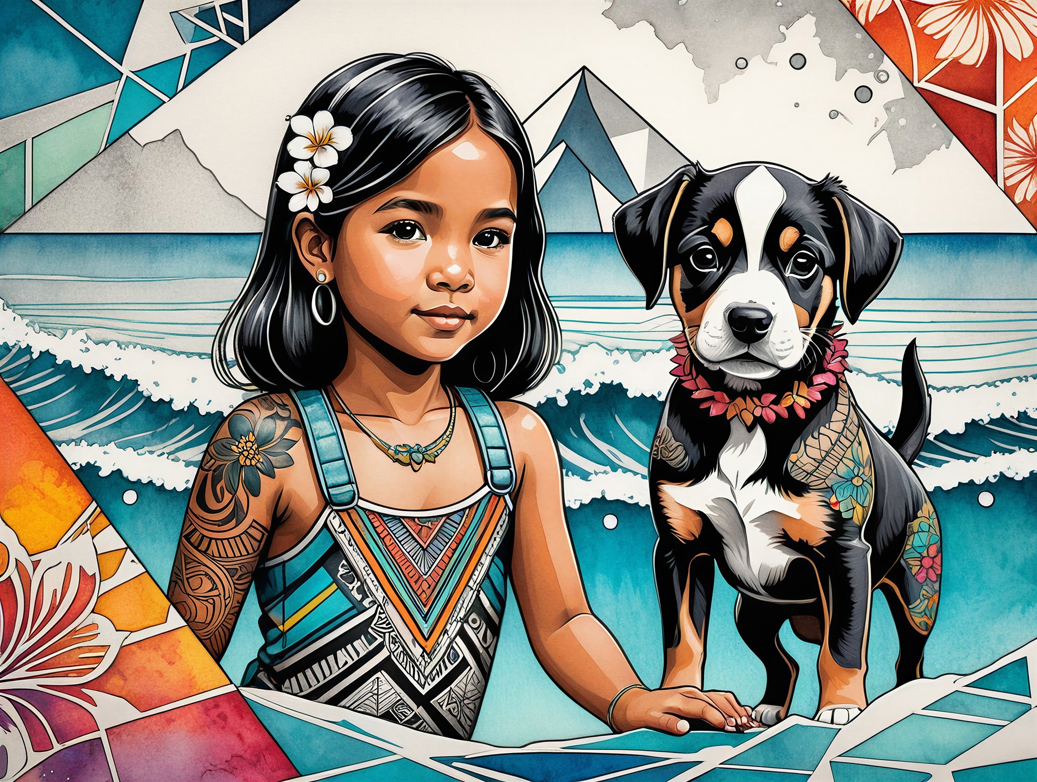 Young girl with puppy in vibrant tribal setting