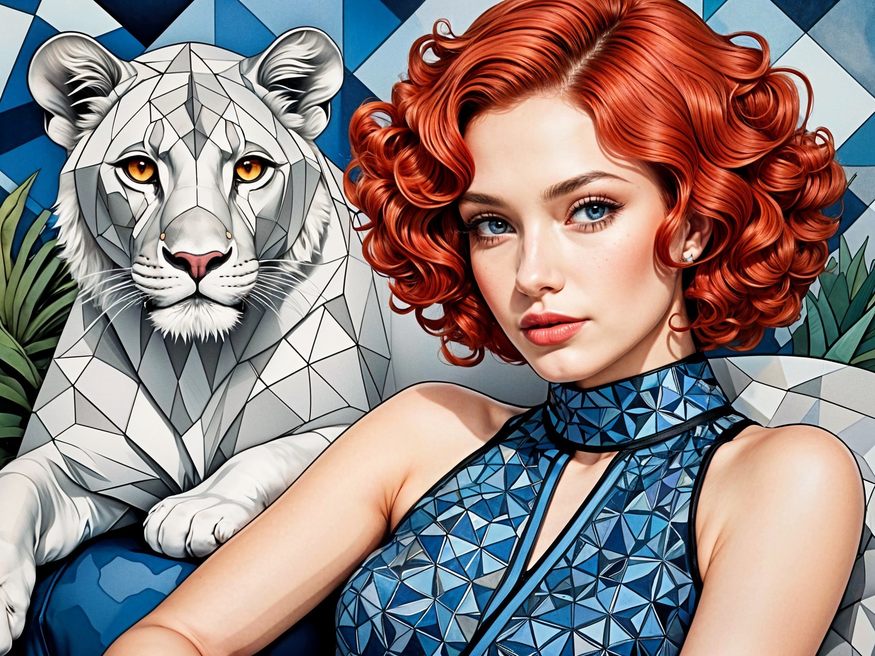 Vibrant Woman with Red Hair and Stylized White Lion