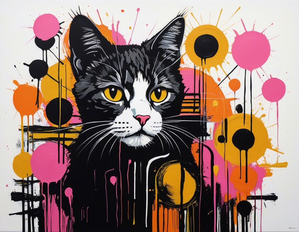 Vibrant Artwork of Black and White Cat with Colorful Background