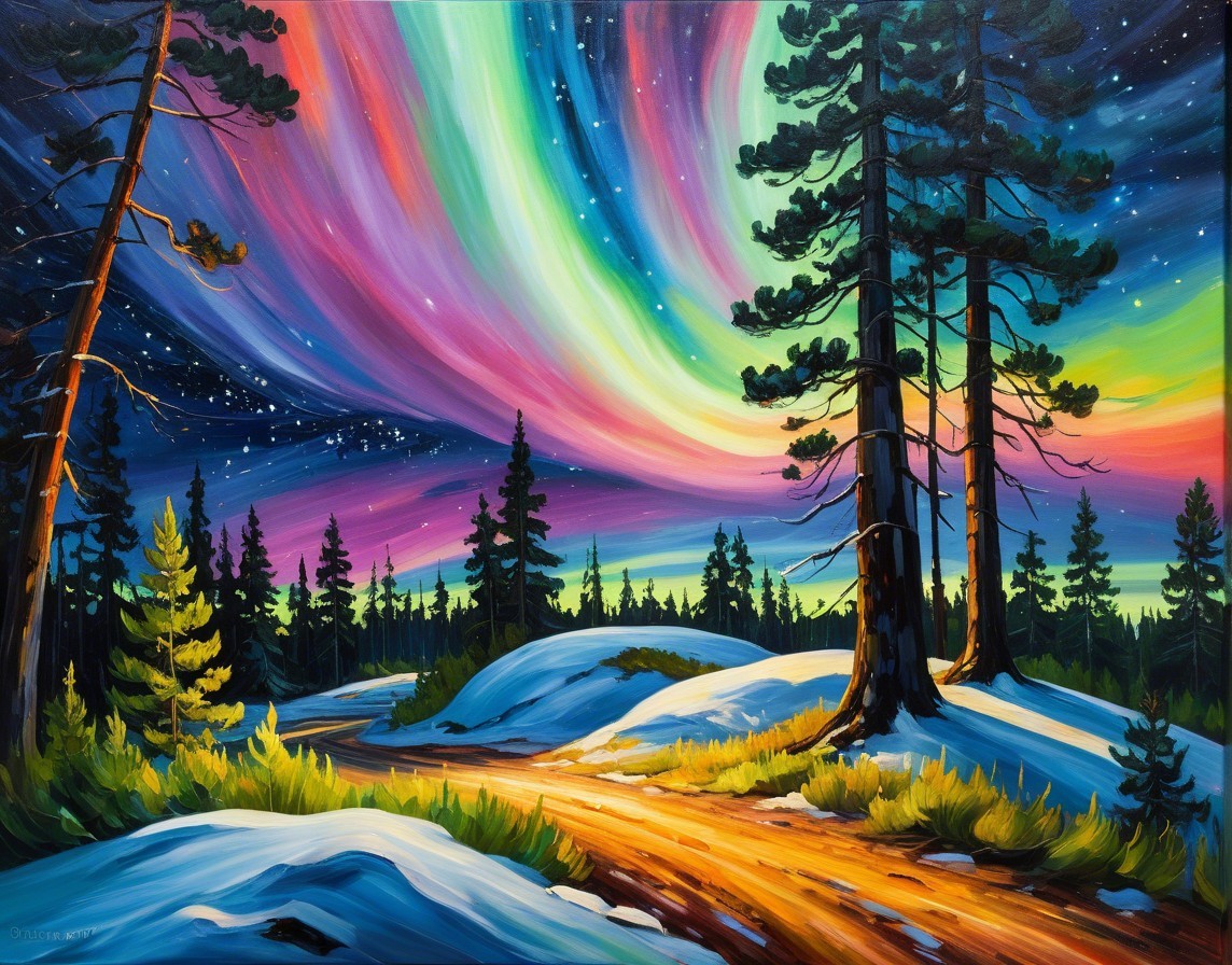 Vibrant Landscape with Aurora Borealis and Snowy Path