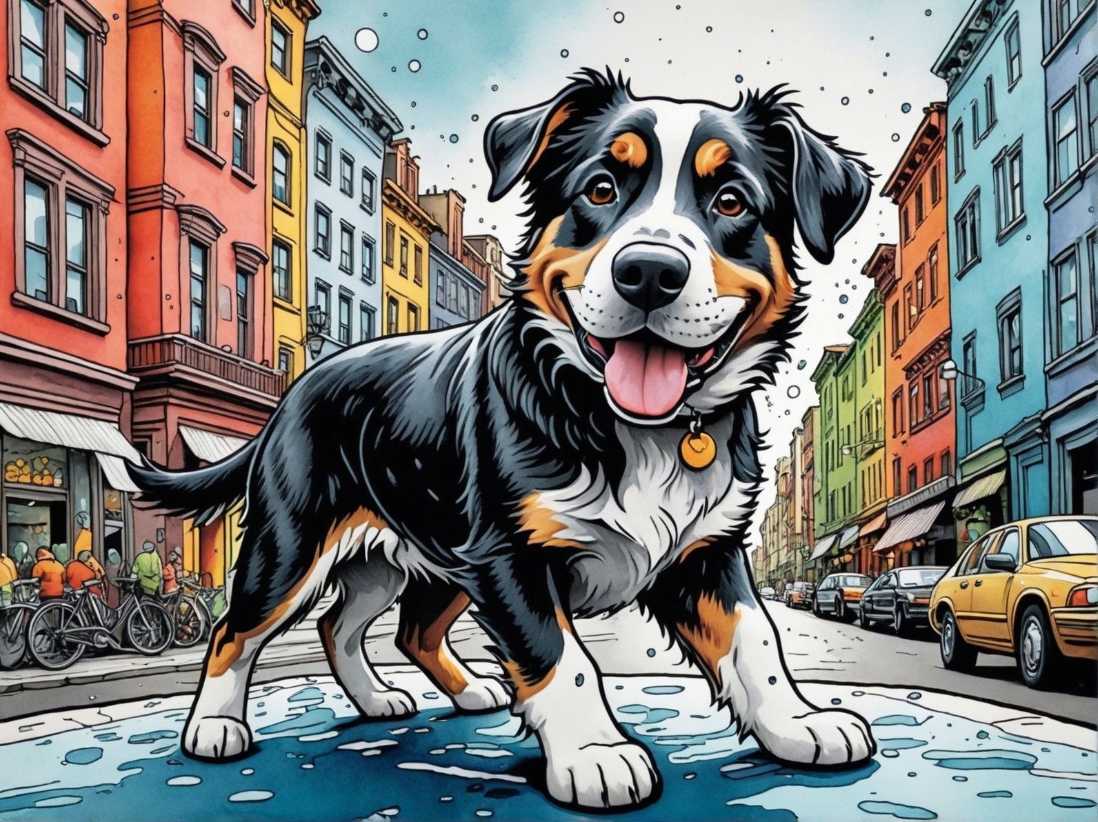 Playful Dog in Colorful City Street Illustration