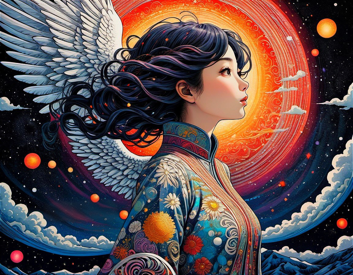 Woman in angelic wings and traditional attire against cosmic backdrop.