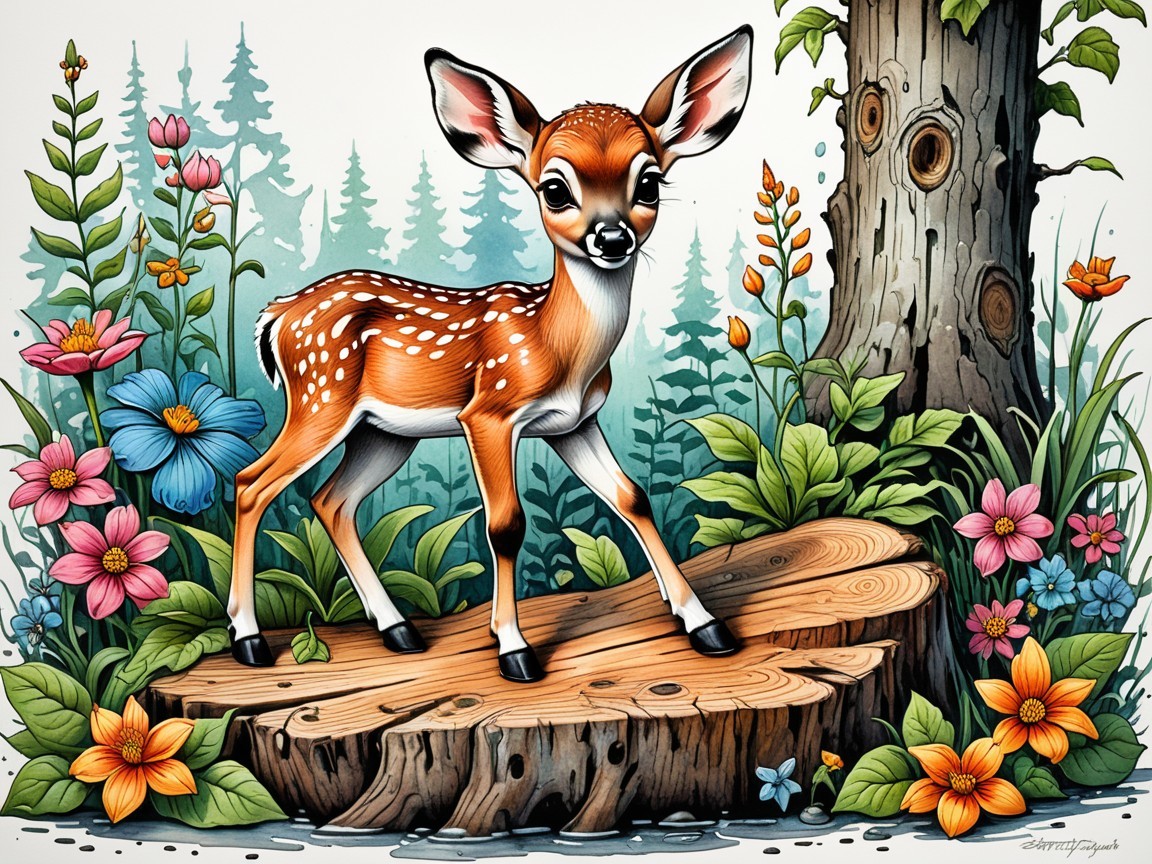 Young deer on wooden stump in vibrant woodland setting
