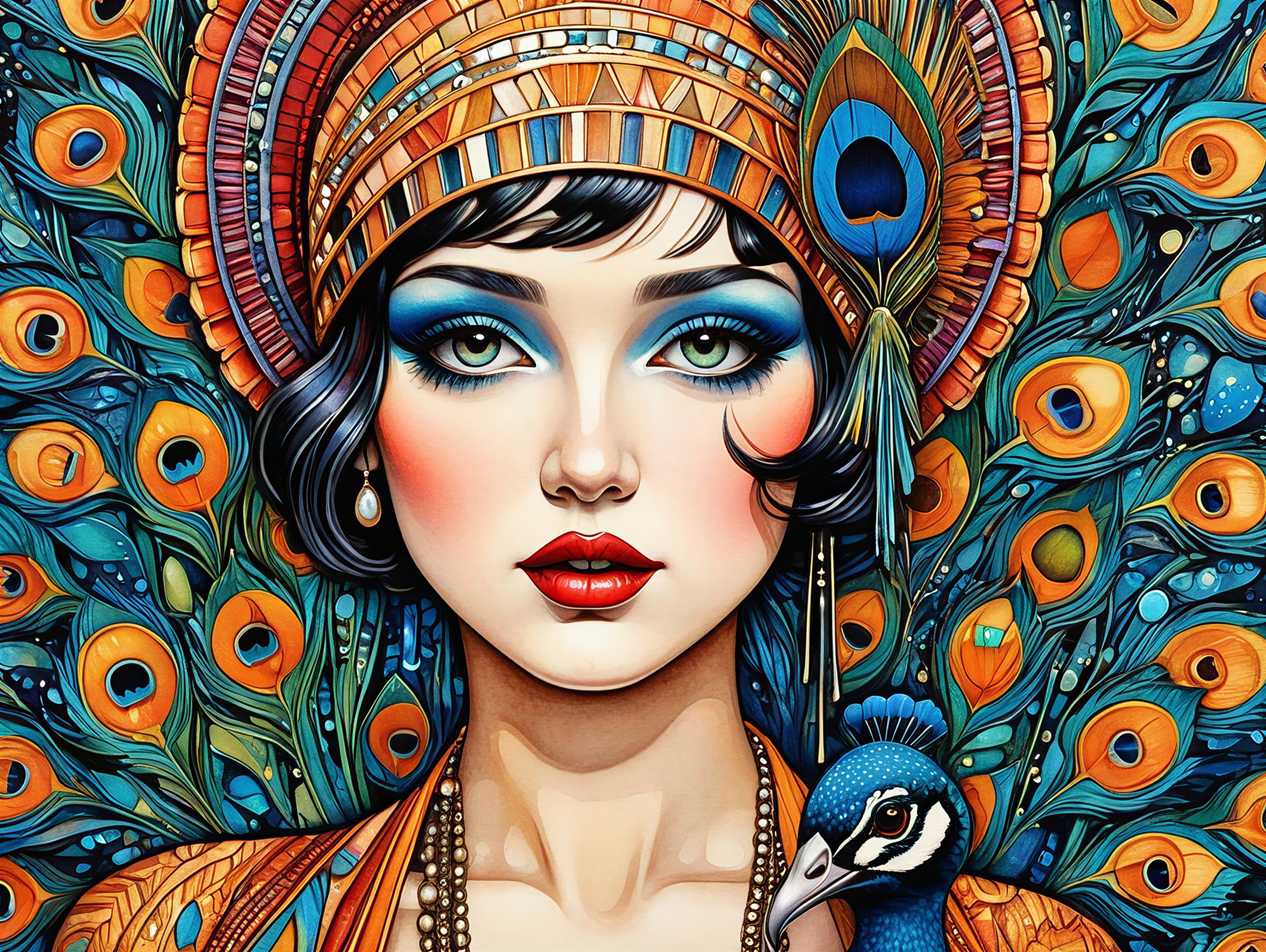 Portrait of a woman with colorful patterns and peacock