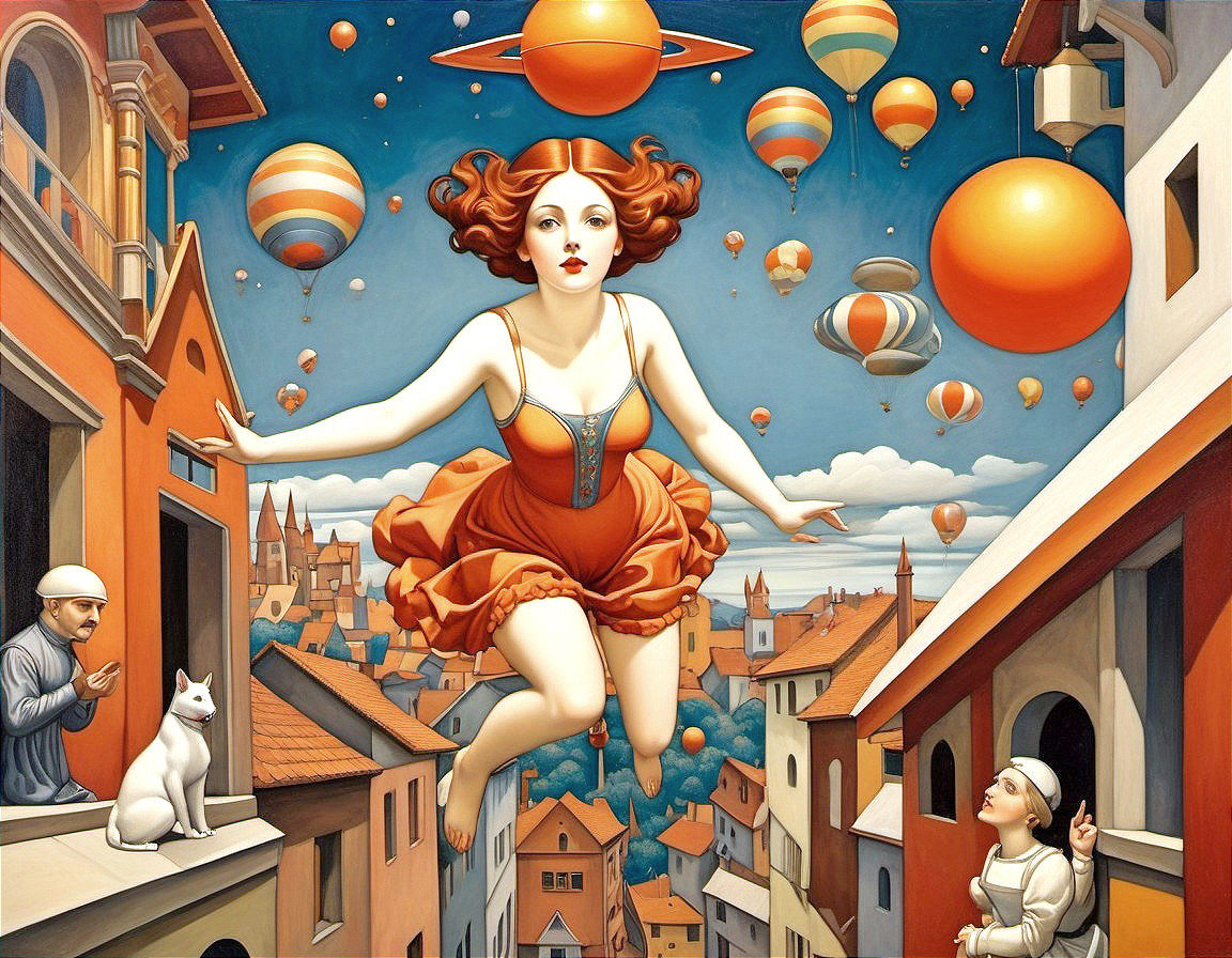 Surreal Scene of Floating Woman Over Whimsical Town