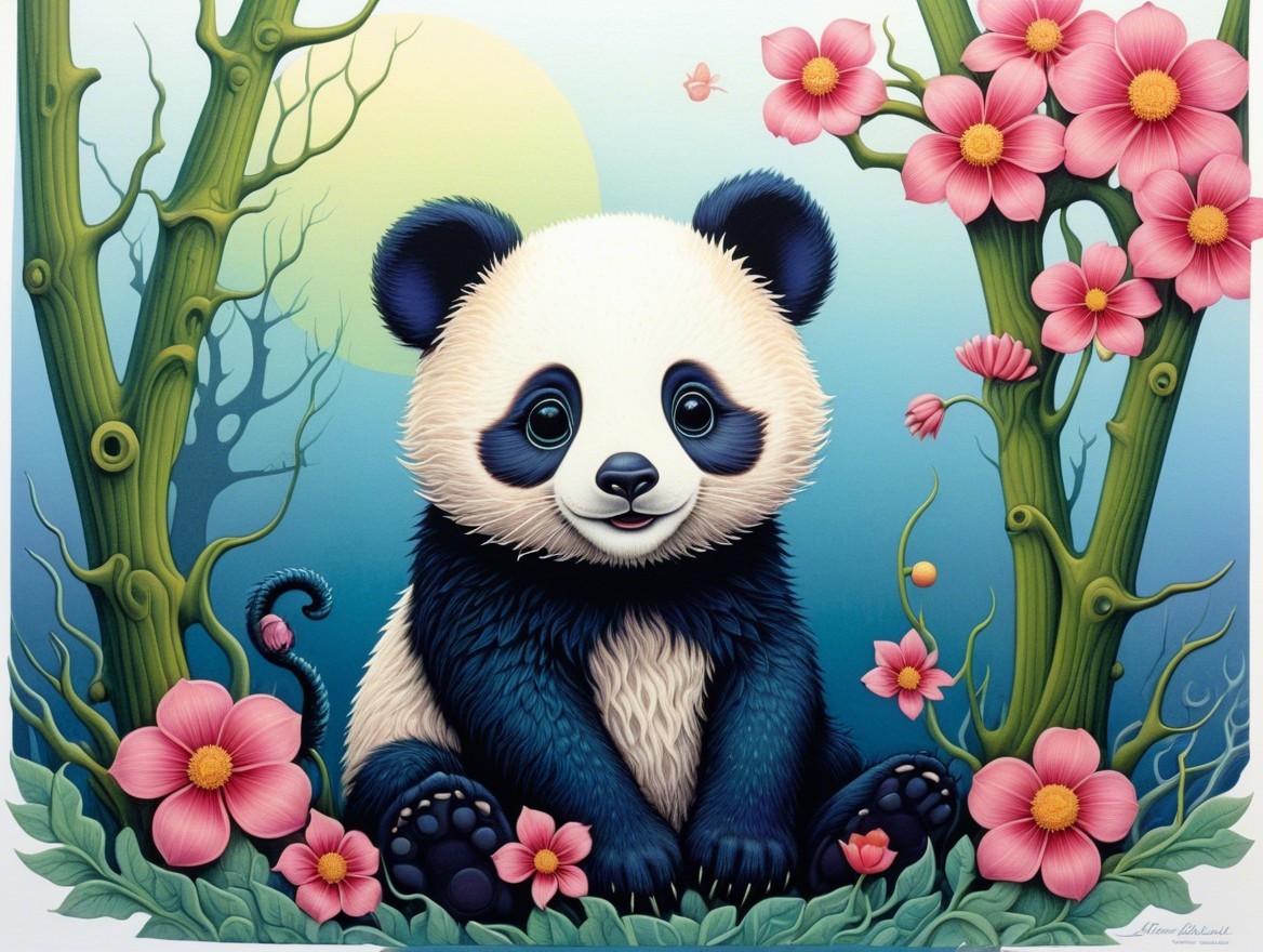 Cartoon Panda Cub Surrounded by Flowers and Bamboo