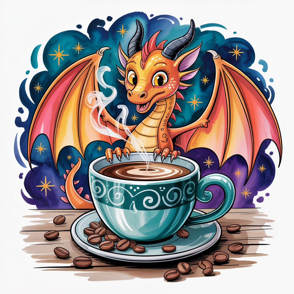 Whimsical dragon illustration over coffee cup and night sky