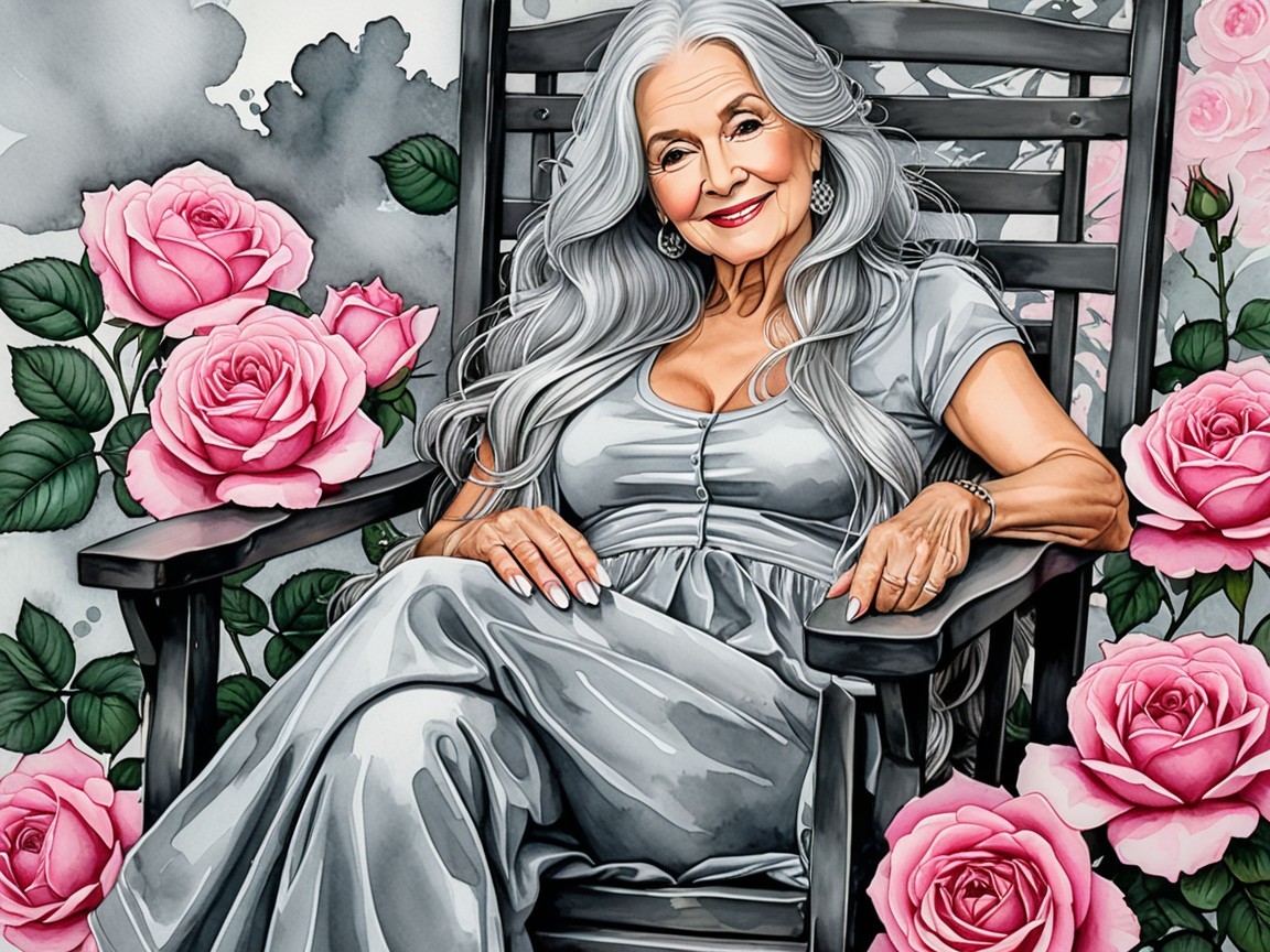 Elegant Older Woman in Gray Dress Surrounded by Roses