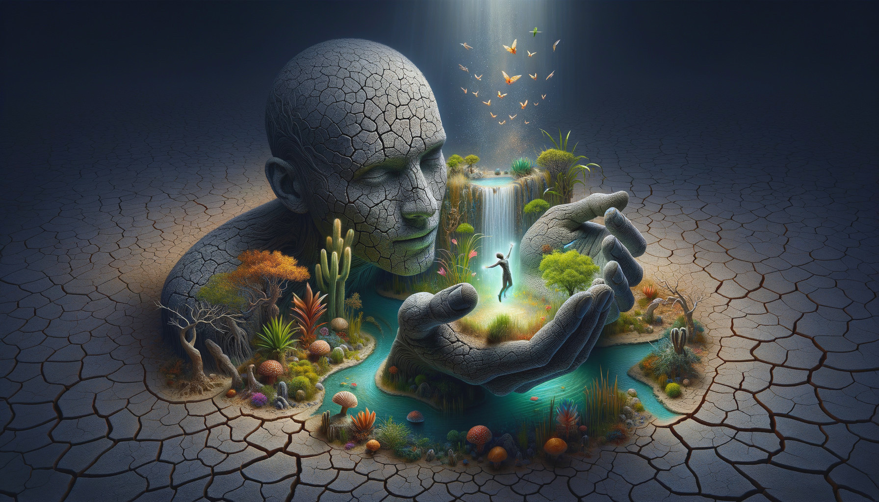 Surreal Artwork of Human Head and Cracked Earth Elements