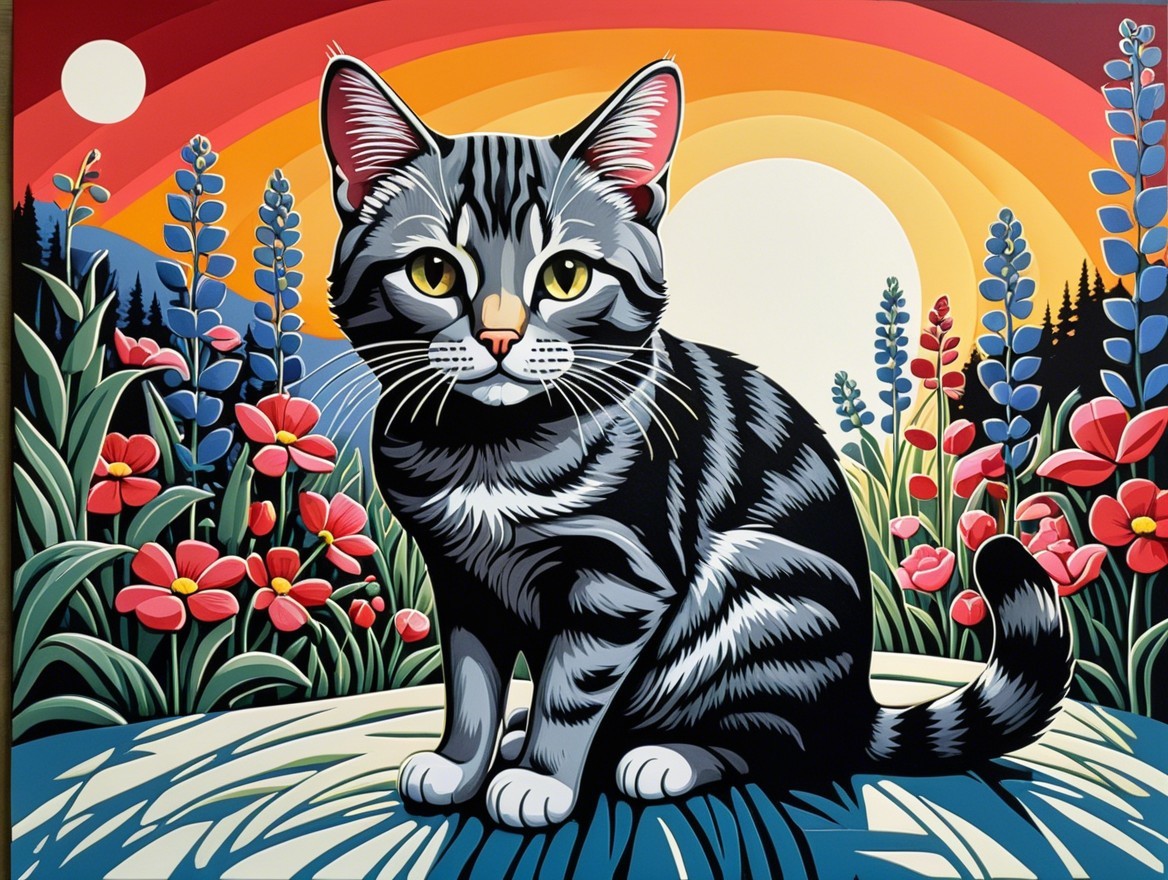 Grey Tabby Cat in Colorful Sunset Landscape