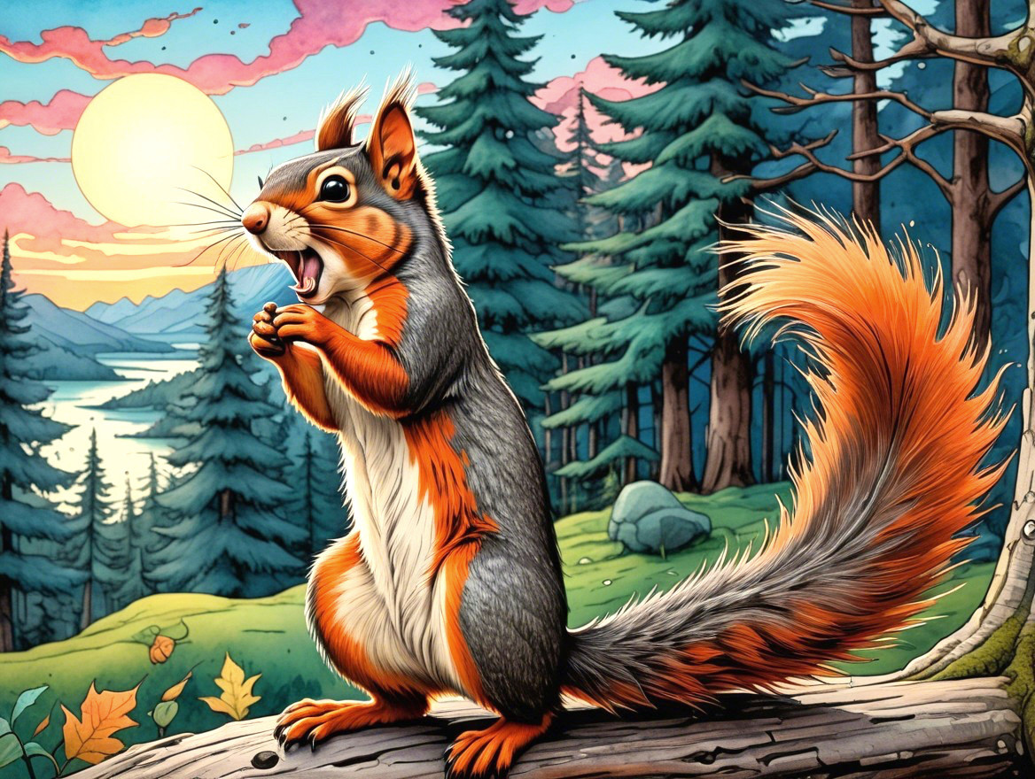 Cartoonish Landscape with Squirrel and Sunset View