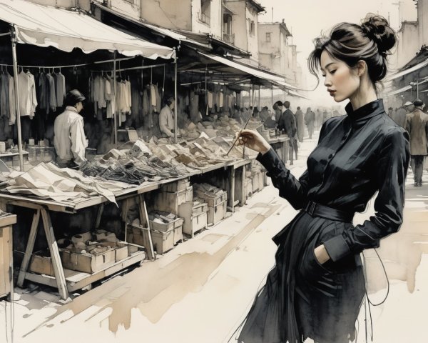 Fashionable Woman in Black Outfit at Busy Market Scene