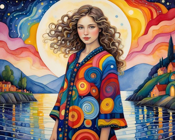 Young Woman by Serene Lake Under Glowing Moon