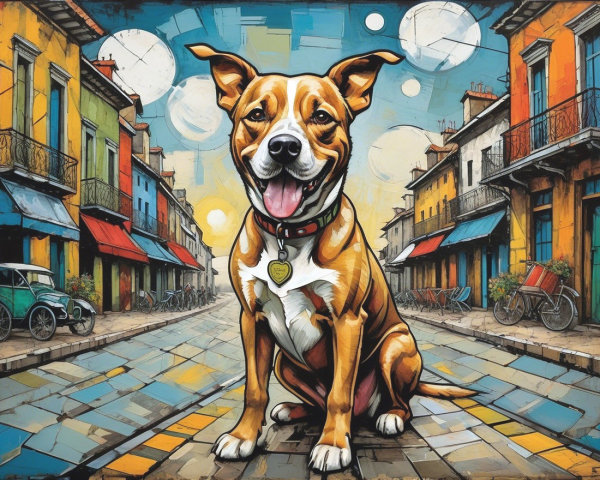 Colorful Illustration of a Dog in a Quaint Street