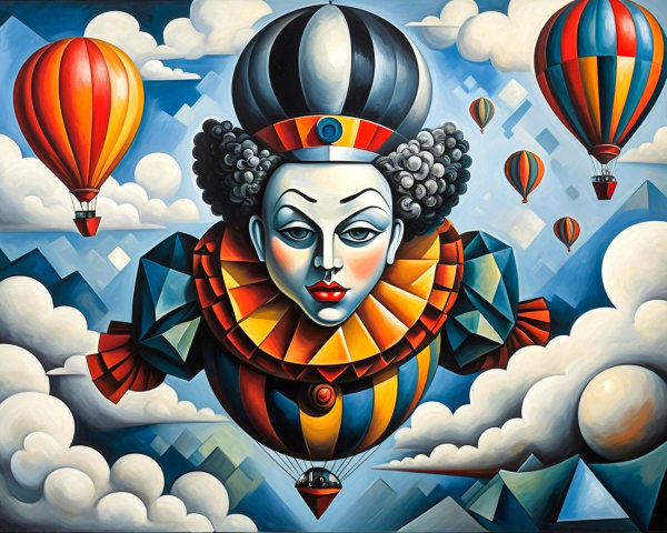 Whimsical Jester Amidst Colorful Hot Air Balloons