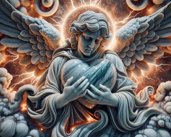 Serene angel with detailed wings and marbled heart