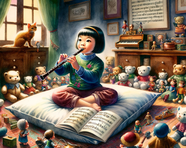 Young girl playing flute in a cozy, toy-filled room