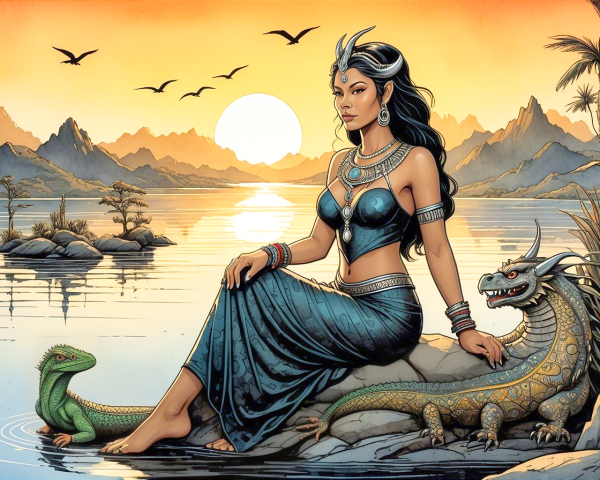 Majestic Woman on Rocky Shoreline at Sunset
